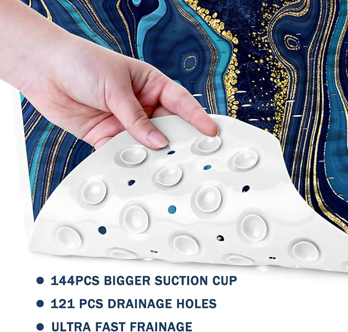 Marble Bath Tub Mat Non Slip, Blue Geometric Marble Non Slip Bath Mat for Shower, Large Washable Shower mats for Showers with Drain Holes and Suction Cups,40 X 16 Inch
