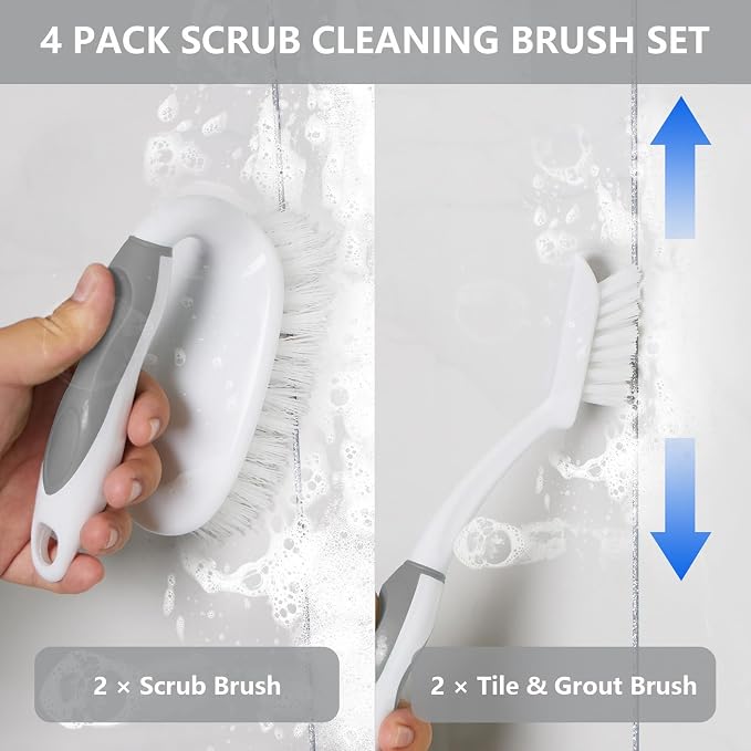 Scrub Brush Set, 4 Pack Deep Cleaning Brush Kit - 2 Scrub Brush, 2 Tile & Grout Brush with Built-in Scraper, Household Commercial Scrubber for Floor, Shower, Pool Wall, Tub (Gray)