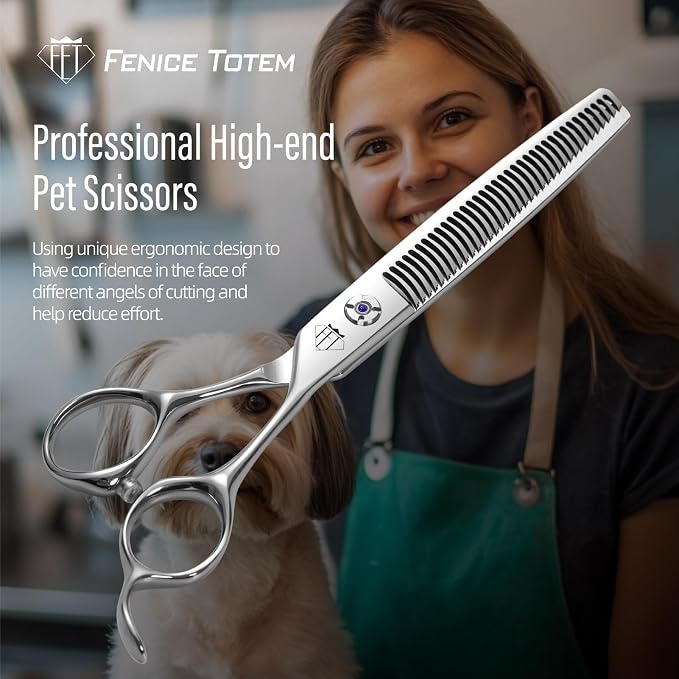 Fenice Professional Pet Grooming Scissors, High-End Dog Hair Cutting Shears with Ergonomic Handle, Super Hard Alloy Steel, CNC Precision Craftsmanship (Thinner, 7.0")
