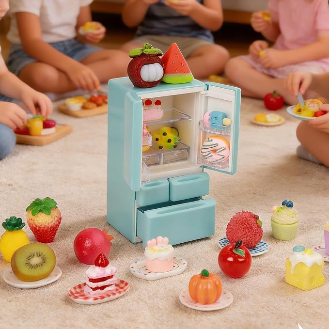 Bath Bombs for Kids with Toys Inside, 12-Pack Colorful Surprise Bath Fizzies Set with 12 Fruit & Food Toys + Mini Fridge + 6 Plates, Fragrant & Rich Bubbles, Organic Fizzy Bubble