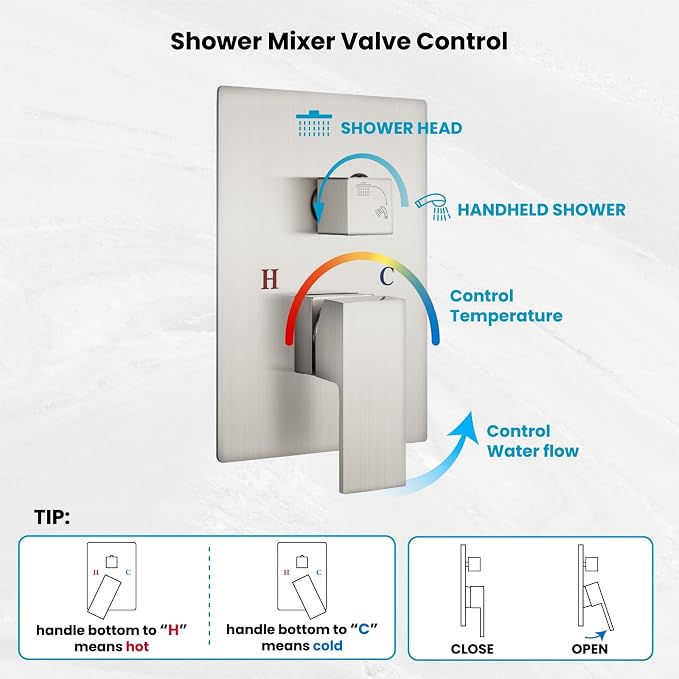 gotonovo Rainfall Bathroom Shower System Rain Shower Head and Handle Set Wall Mounted Shower Complete Combo Solid Brass Pressure Balancing Shower Mixer Valve 12 Inch Brushed Nickel