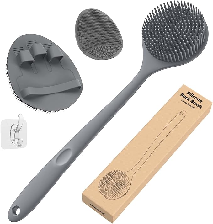 Manmihealth Silicone Back Scrubber (Thin Bristles) & Shower Face Brush Set(3PCS), Gentle-Cleaning & Exfoliating Body Scrubber, Bath Glove, Face Scrubber Combination (Gray)