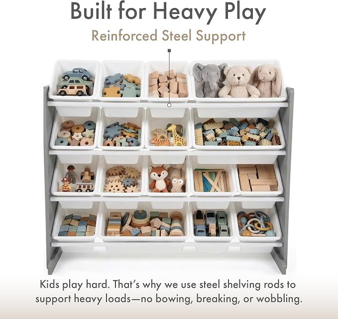Humble Crew Toy Storage Organizer with 16 Removable Storage Bins for Kids Playroom, 4-Tier Toddler Toy Organization and Storage, Grey/White