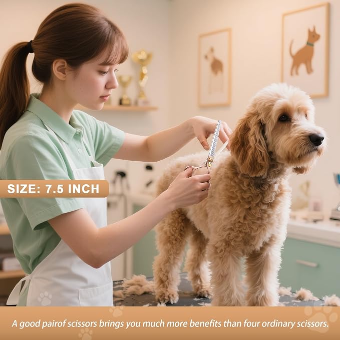 Professional Dog Grooming Scissors Rose Gold 440C Stainless Steel Straight Thinning Curved Chunker Shears for Pet Grooming Services Dogs and Cats (Thinning, 7.5‘’)
