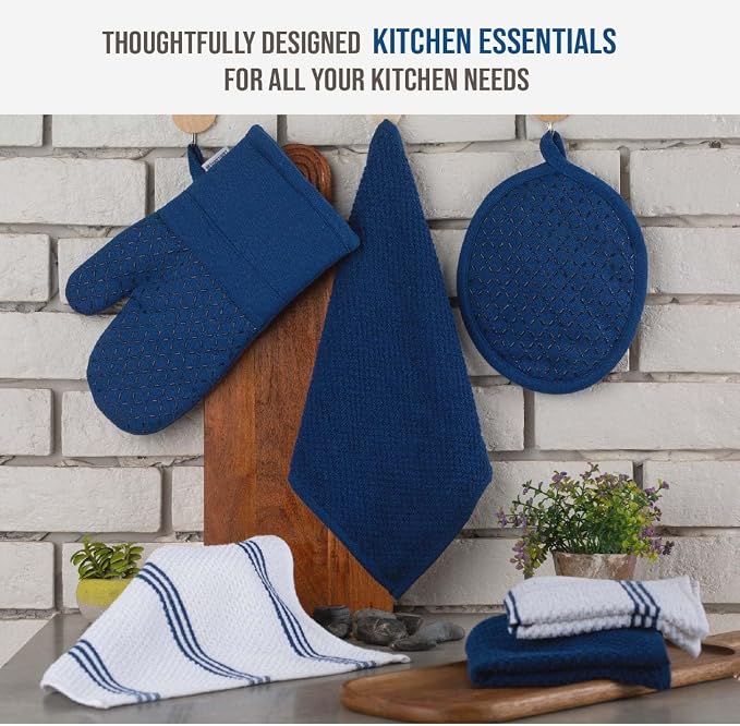 LANE LINEN Tea Towels - 16 Pc Set with Silicone Oven Mitts and Pot Holders, Cotton Kitchen Towels, Absorbent Dish and Hand Towels - Indigo