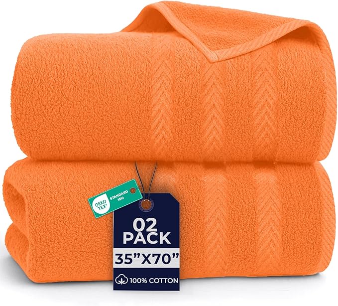 DAN RIVER 2 Pack Luxury Bath Sheets 35x70, 600 GSM, Soft & Quick Dry 100% Ring Spun Cotton Towels Ideal for Hotels, Spas, Gyms & Salons Extra Large, Orange