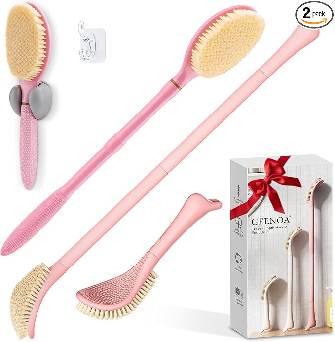 Foot Brush & Back Scrubber Set, 27.5'' Adjustable Foot Scrubber for Shower, 18.9'' Shower Back Scrubber with 3-Length Usage, Great Aid for People with Limited Mobility(Pink Set)