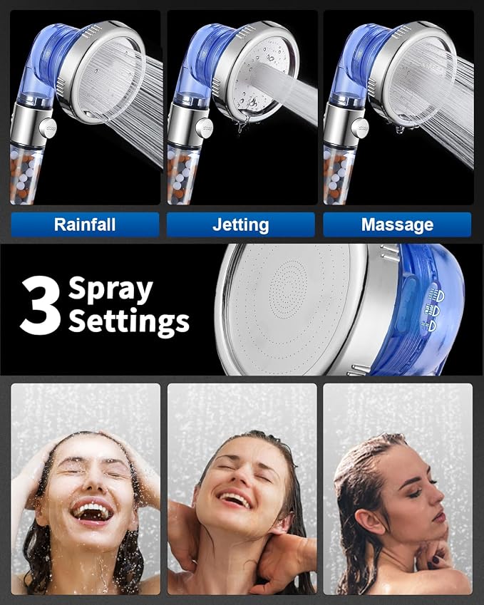 Filtered Shower Head for Hard Water with Stop, High Pressure 4-Mode Shower Heads Built-in Power Spray to Clean Corner, Tub & Pets, Water Softener Handheld Shower to Remove Chlorine & Fluoride