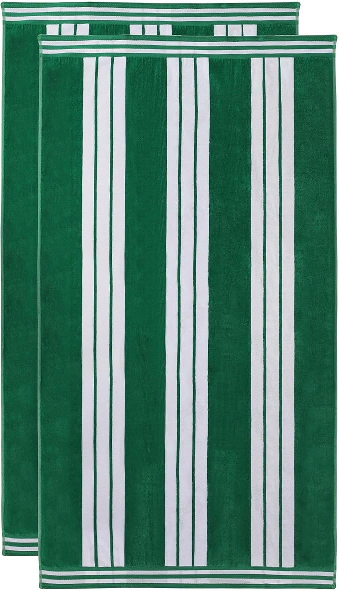 Superior Oversized Cotton Beach Towel Set of 2, Absorbent Towels for Bathroom, Pool, Swim, Adults, Kids, Vacation, Travel, Bath, Quick Dry Basics, Trip Essentials, Striped Decor, Dark Green