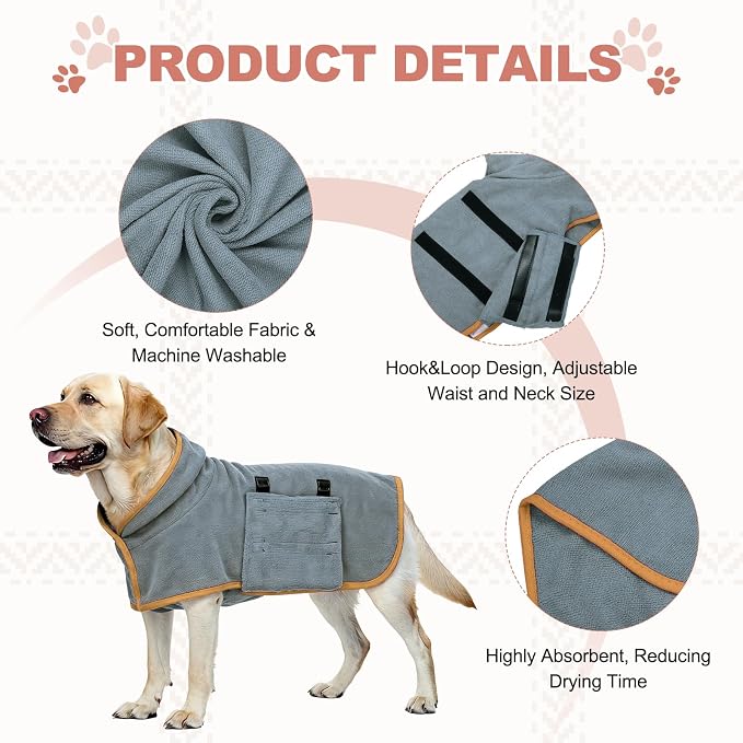 Dog Drying Coat, Dog Robes for After Bath Bathrobe Super Absorbent Towel Soft Adjustable, (XL, Gray&Orange Trim), Intended for Fast Drying Warm Keeping Pet Cats Kitten Puppies