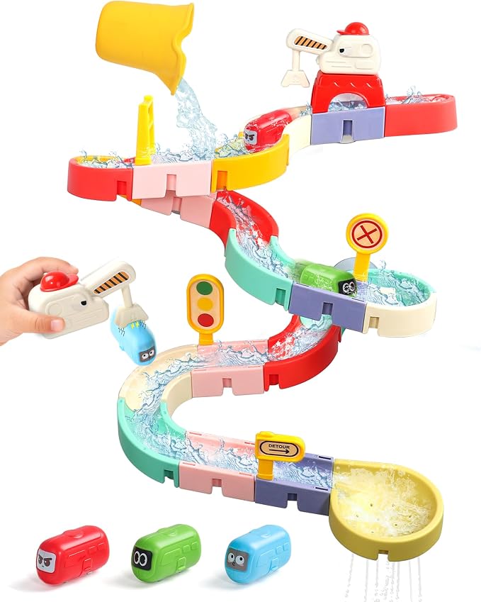 Fajiabao Bath Toys for Kids Ages 4-8 3-5 Fun DIY Bathtub Toys for Toddler | 38 PCS Modular Track with Magnetic Cars Easy-Assemble Slide for 3+ Year Old Boys Girls Gifts with Strong Suction Cups
