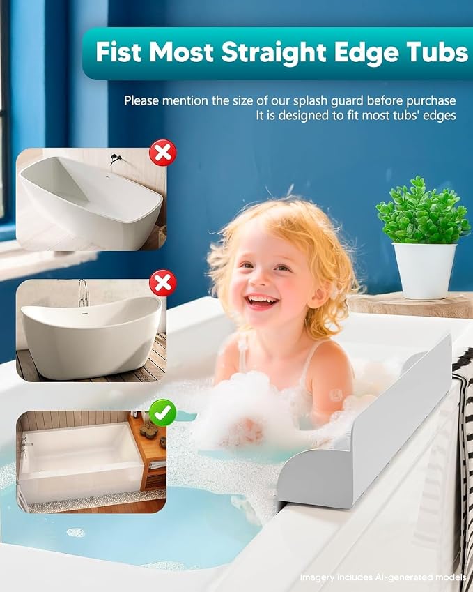 Silicone 24 Inch Bathtub Splash Guard, Grey | Bath Tub Tray with 10 Strong Suction Cups, athtub Shelf Toy Holder, Prevent Water Spills in Bathroom, Easy Clean & Fold
