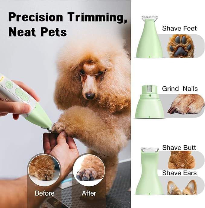 Dog Grooming Kit, Dog Clippers for Grooming for Thick Heavy Curly Coats, Low Noise Pet Paw Trimmer with Qiuet Nail Grinder Rechargeable Stainless Steel Hair Trimmer for Dogs Cats