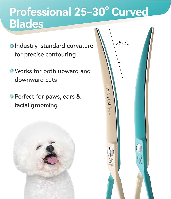 Curved Dog Grooming Scissors with Coating 440C Stainless Steel, 7 inch Professional Curved Shears Dog Grooming，25 Degree of Curved Blade，Pet Shear for Trimming Face and Paws, Green & White