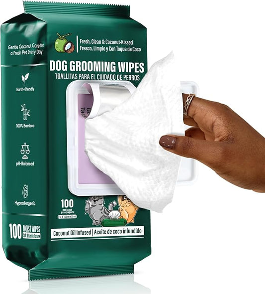 ATIFBOP Pet Wipes for Dogs and Cats | Hypoallergenic Pet Grooming Wipes, 100 Wipes for Cleaning & Grooming | Coconut Scented | Aluminum Moisture-Lock Seal