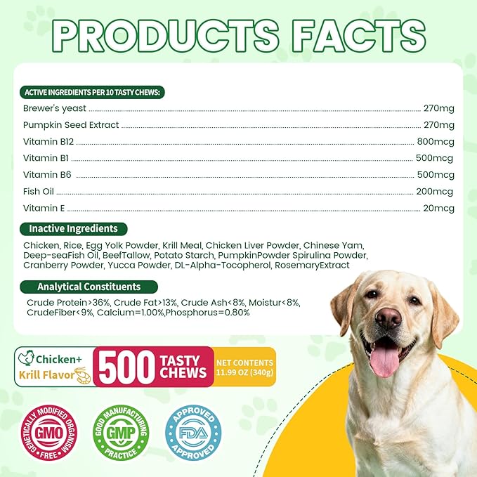 Flea & Tick Prevention for Dogs Chews – 500 Tasty Chicken Flavor Soft Chews, with Pumpkin Seed Extract, Fish Oil, and Vitamins for Dogs, Puppies, All Breeds & Ages.