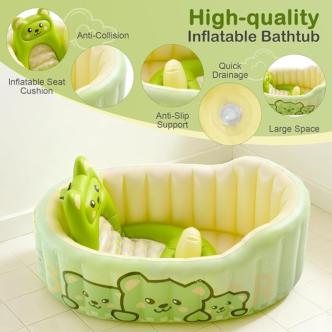 Inflatable Baby Bathtub with Seat Cushion & Air Pump, Newborn to Toddler Bath Tub, Foldable Portable Toddler Tub for Shower Sink, Non-Slip Texture, Quick-Drain, Travel-Ready, Green