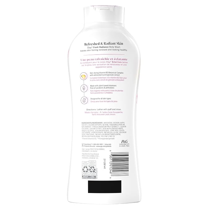 Olay Body Wash for Women, Fresh Radiance, Refreshing & Renewing, Made with Plant Based Cleansers, B3 Botanical Complex, For All Skin Types, Peach & Cherry Blossom Scent, 22 fl oz (Pack of 4)