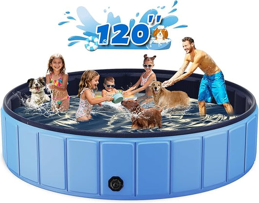 Extra Large Foldable Dog Pool for Giant Dogs, 120” Collapsible Hard-Side Dog Swimming Pool, Leakproof PVC Portable Pet Bath & Kiddie Pool, Non-Slip Bottom, Outdoor Backyard, Blue