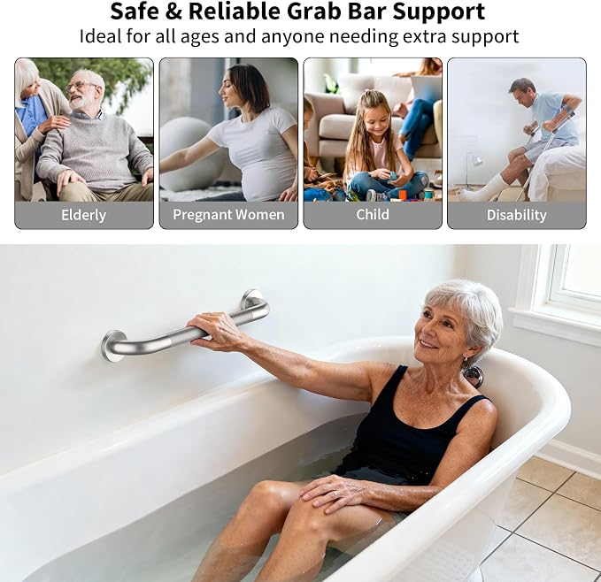 24 Inch Shower Grab Bar, ZUEXT Stainless Steel Bathroom Safety Handle w/Knurled Non-Slip Grip, Heavy Duty Wall Mounted Bathtub Toilet Support Rail for Elderly Seniors Disabled (Nickel, 1.25" Diameter)