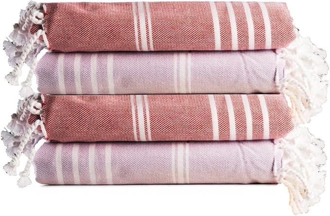 Salt Earth 100% Cotton Sateen Turkish Beach Towel (Set of 4, 36"x72") - Soft, Quick Dry, Absorbent Towels for Bathroom, Home, Travel, Pool, Spa, Bath, Swim - Beach Towels Oversized (Lavender, Red)