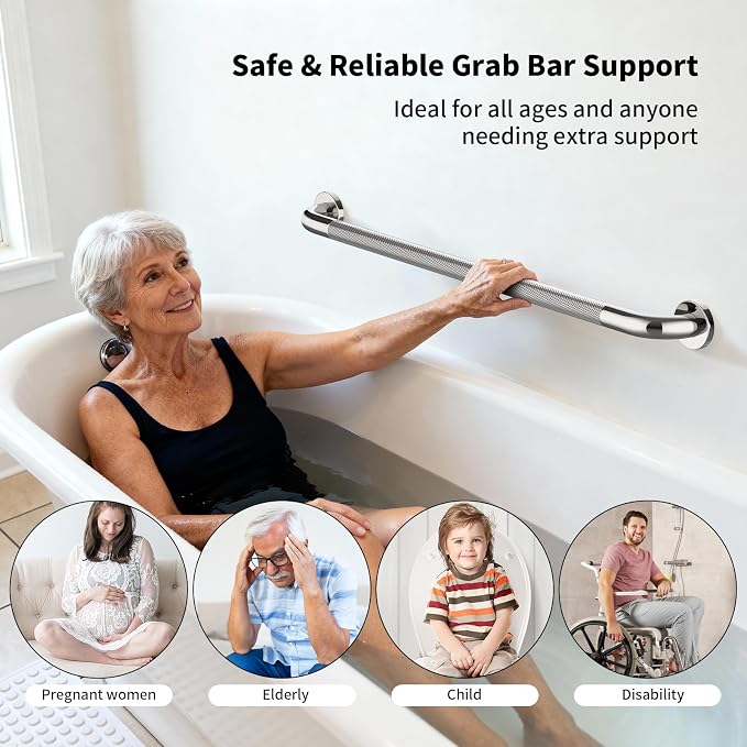 Chrome Grab Bar 40 Inch, iHansee Anti-Slip Bathroom Grab Bar w/Knurled Grip, Stainless Steel Safety Handrail for Toilet Bathtub Shower, Wall Mounted Matte Black Handicap Bars Handle for Senior Elderly