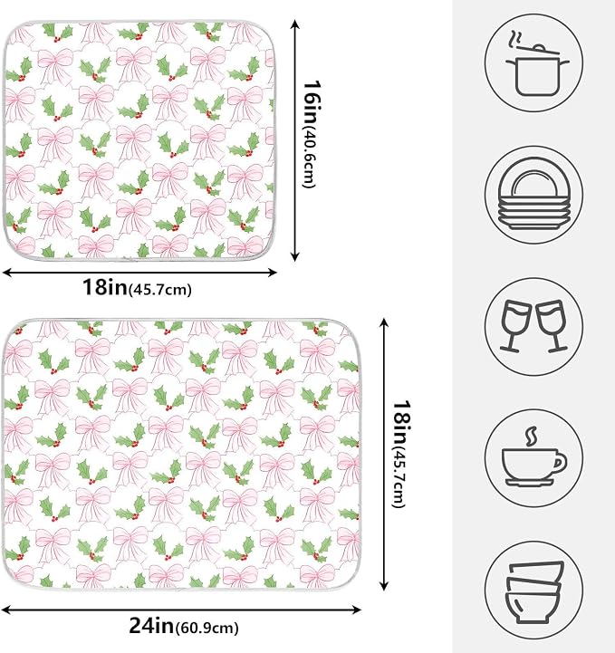 Pink Bow Christmas Holly Leaves Dish Drying Mat, Absorbent Drainer Mats for Kitchen Counter Coffee Maker 18"x16"