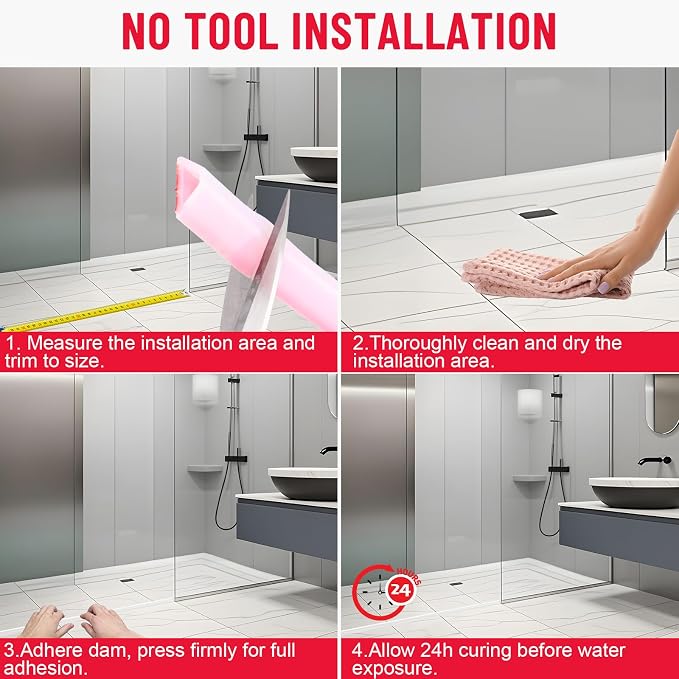 Collapsible Shower Threshold Water Dam - Self-Adhesive Silicone Barrier for Wet-Dry Separation - Flexible Splash Guard for Walk-In Showers, Bathroom Floor, & Kitchen Sink - ADA Accessible Profile