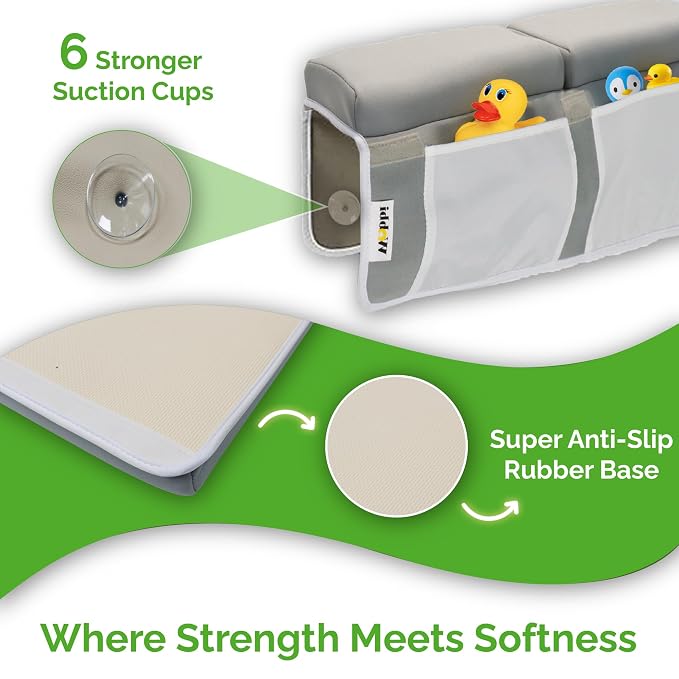 Wobbi Comfortable Bath Kneeler and Elbow Rest Pad Set | 6 Suction Cups for Slip-Resistant Stability | 1.5" Thick Memory Foam Bath Kneeling Pad with 4 Storage Pockets (Grey)