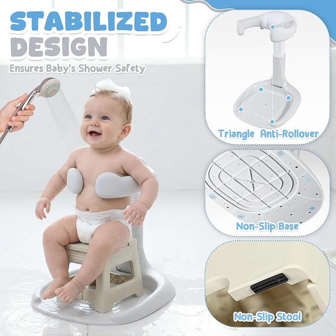 Orzbow Baby Shower Stand, Collapsible Baby Bath Stand with Foldable Chair, Adjustable Height Toddler Shower Standing Support for Infant 6-36 Months, Anti-Slip Base, Easy-Use, Gray
