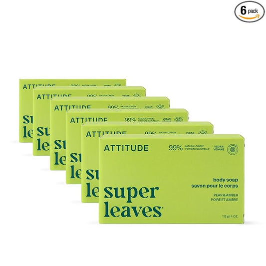 ATTITUDE Body Soap Bar, Natural Origin, Protects and Softens Dry Skin, Watercress, Indian Cress & Olive Oil, EWG Verified & Vegan, Pear & Amber, 4 Oz (Pack of 6)