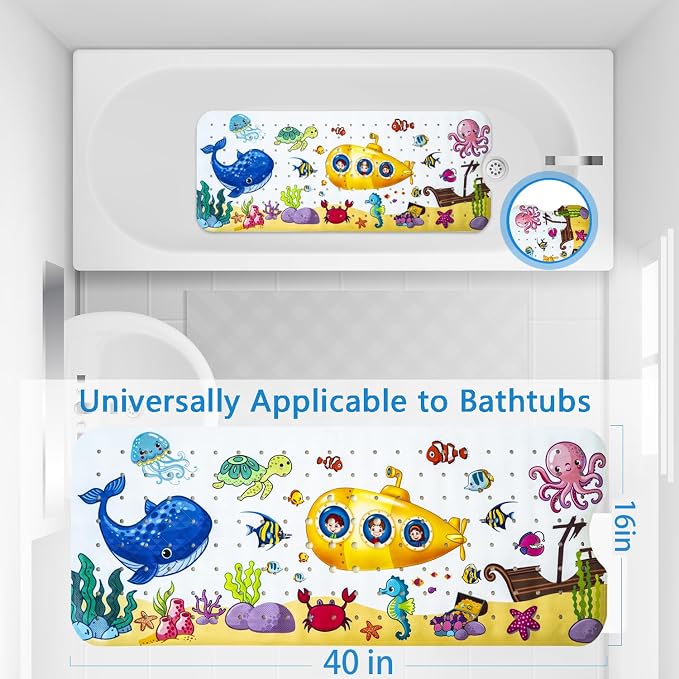 Kids Bath Mat with Ocean Theme Design, 40x16 inches, Non-Slip with 200 Suction Cups, Cartoon Sea Animals Pattern (Whale + Submarine, 40 * 16in)