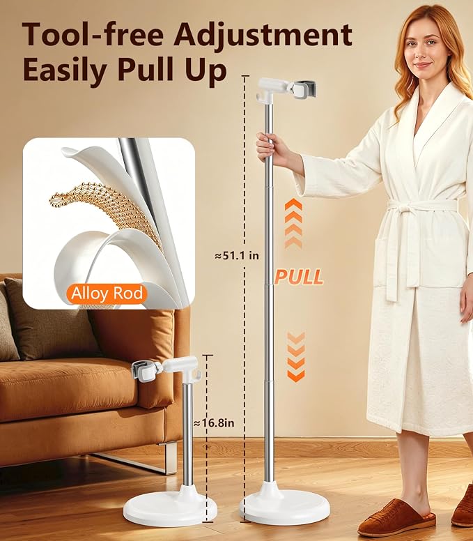 Hair Dryer Stand Hands Free, 360° Rotation White | Anti-Slip Stable Base, Aluminum Alloy, Adjustable Height 17-51 Inch, For Families & Pet Grooming