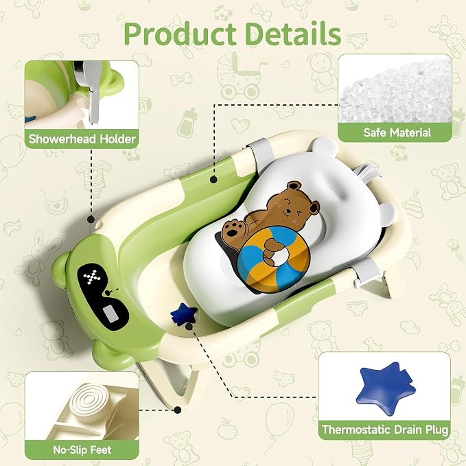 Collapsible Baby Bathtub for Newborn to Toddler (0-18 Months) - Foldable Baby Bath Tub with Soft Towel, Newborn& Infant Bathtub for Travel and Outdoor, Green