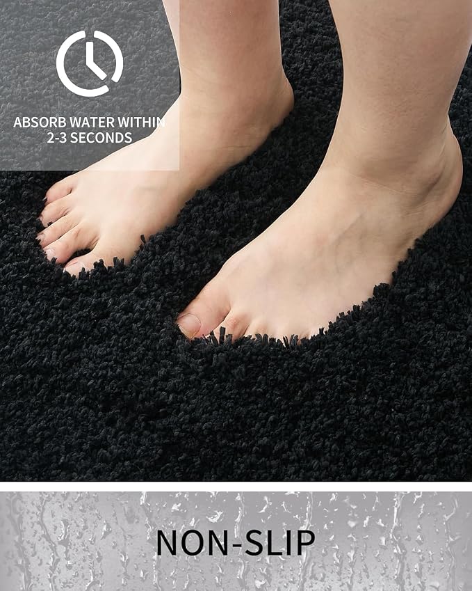 Bathroom Rugs Non Slip Washable 70x24, Ultra Thick Soft Microfiber Absorbent Bath Mats, High Density Foam Latex Non Slip Backing Bath Rugs, Fluffy Floor Carpet for Tub&Shower, Black