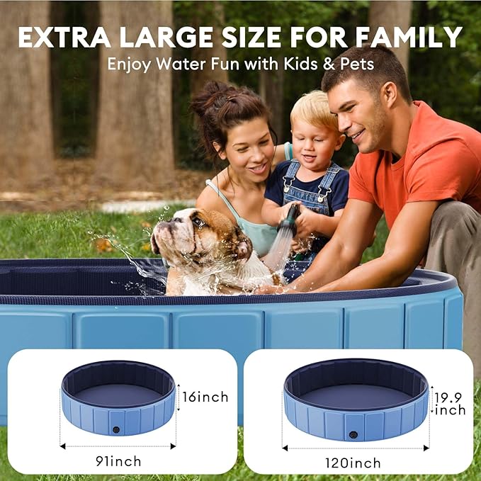 Extra Large Foldable Dog Pool for Giant Dogs, 120” Collapsible Hard-Side Dog Swimming Pool, Leakproof PVC Portable Pet Bath & Kiddie Pool, Non-Slip Bottom, Outdoor Backyard, Blue
