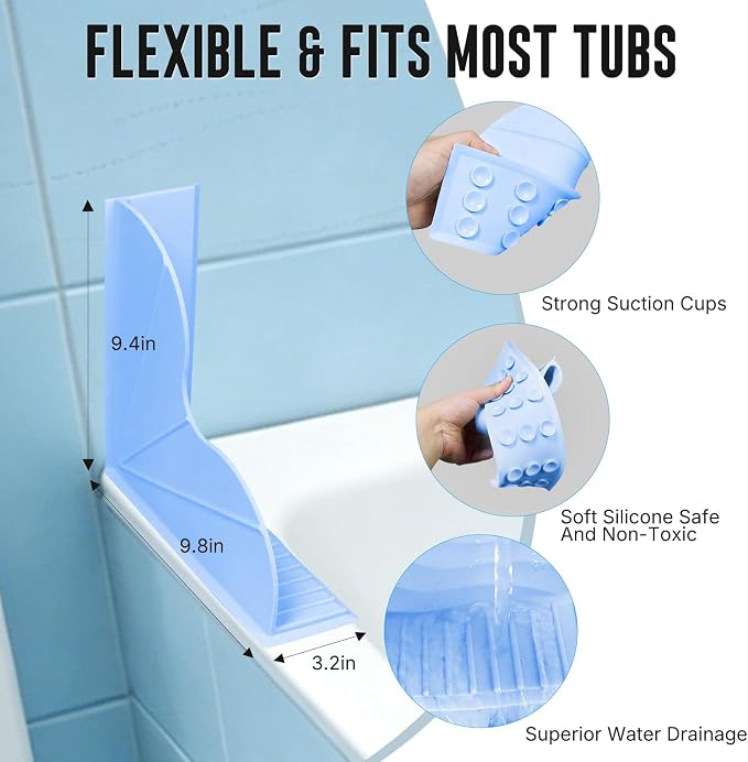 BUCABUCA 2-Pack Silicone Shower Splash Guard with Strong Suction Cups, No Adhesive L-Shaped Bathroom Water Splash Blocker, Reusable Silicone Water Guard for Bathtub, Washbasin, Kitchen Sink (Blue)