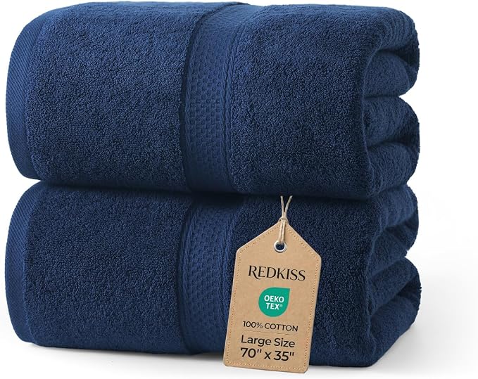 REDKISS 2 Pack 70"x35" Extra Large Bath Sheets for Bathroom - 100% Cotton Soft Fluffy Quick Dry Lightweight Towels for Tall or Curvy Adults, 700G,Full Body Coverage Shower, Pool, Yoga Travel, Blue