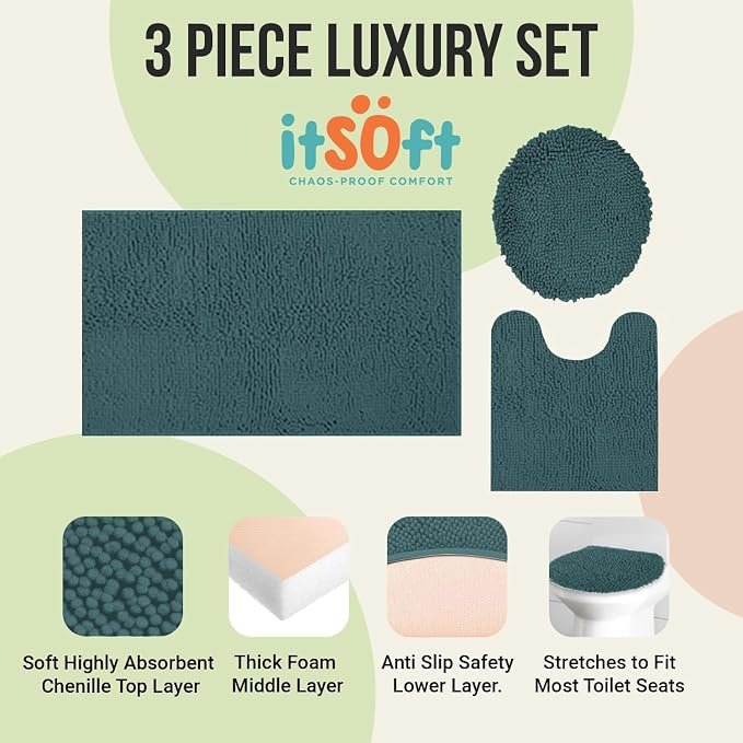 ITSOFT 3pc Non-Slip Shaggy Chenille Bathroom Mat Set, Includes 24"x21" U-Shaped Contour Toilet Rug, 34"x21" Inches Bathmat and 1 Toilet Lid Cover, Teal