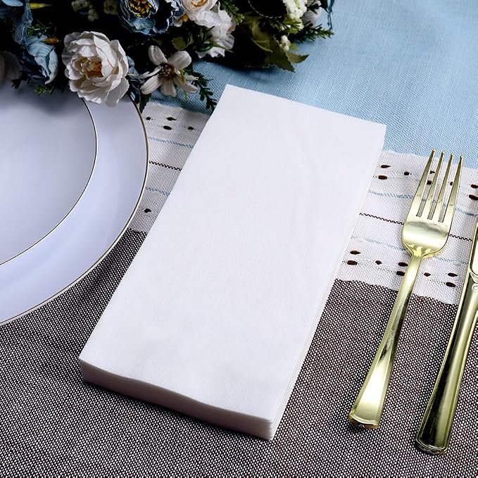 FOCUSLINE 200 Disposable Bathroom Napkins, Linen-Feel Paper Guest Towels, Soft and Absorbent Paper Hand Towels Party Napkins for Bathroom, Kitchen, Dinner, or Event, White, 12" x 17"