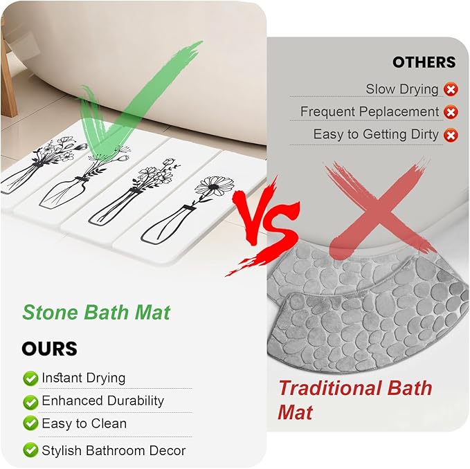 Foldable Stone Bath Mat - 24x16 Inch, Diatomaceous Earth Fast Absorbent Large Black and White Floral Farmhouse Stone Bath Mats for Bathroom Decor Quick Dry Non-Slip Shower & Bathtub & Drying Mat