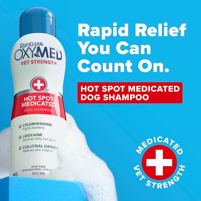 OxyMed Vet Strength Hot Spot Medicated Dog Shampoo, Itchy Skin Relief, Deep Cleaning, Healing Formula with Chlorhexidine, Lidocaine & Oatmeal, 20oz