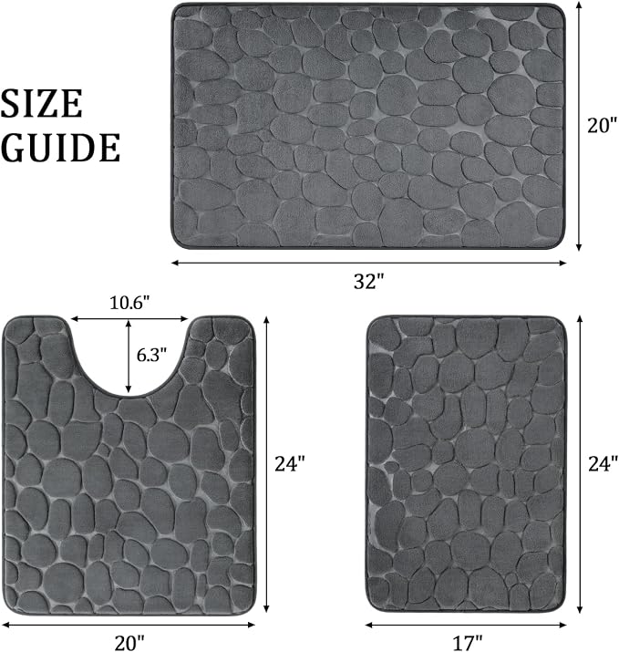 YIHOUSE Bathroom Rugs Mat Set, Memory Foam Bath Mat 3 Piece Dark Grey | U Shape+Small Mat, Non Slip, Water Absorbent, Washable, Bath Mat For Bathroom, Sink and Toilet