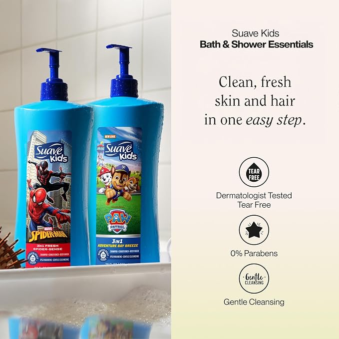 Suave Kids 3-in-1 Variety 2-Pack – Spiderman Fresh Spider-Sense & Paw Patrol Adventure Bay Breeze, Shampoo, Conditioner & Body Wash, 28 Oz Ea