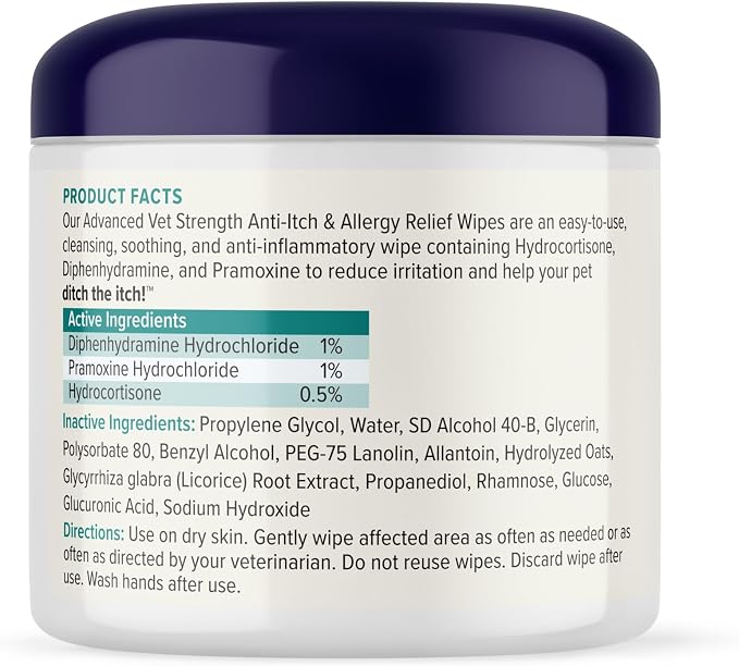 Vetnique Dermabliss 3-in-1 Anti Itch Wipes for Dogs & Cats, Allergy Relief | Hydrocortisone, Pramoxine & Antihistamine Wipes Calm Itching, Paw Licking & Odor for Dogs & Cats; Gentle No-Sting Relief