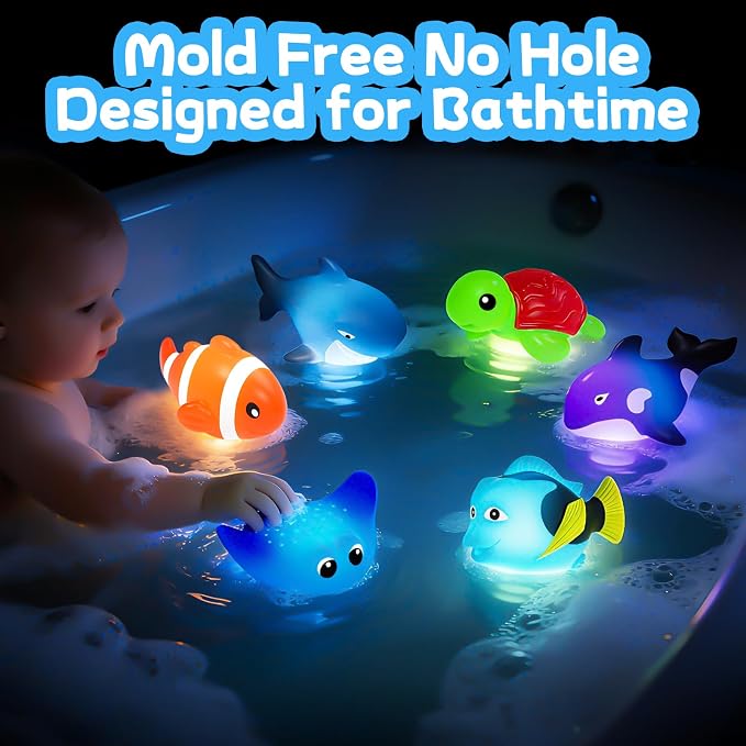 Light Up Bath Toys,No Hole Mold Free Baby Bath Toys,Ocean Animal Water-Activated Lights Flashes and Change Color,Sensory Lights Toys for Babies and Toddlers,Bathtub,Shower,Water Table, Pool