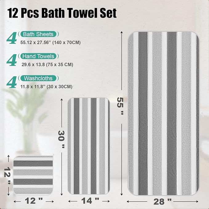 Newwiee 12 Pcs Stripe Bath Towel Sets Microfiber Bathroom Sheet Set Included 4 Highly Absorbent Soft Quick Dry Shower Bath Towels 4 Hand Towels 4 Washcloths for Bathroom, Hotel, Gym and Spa
