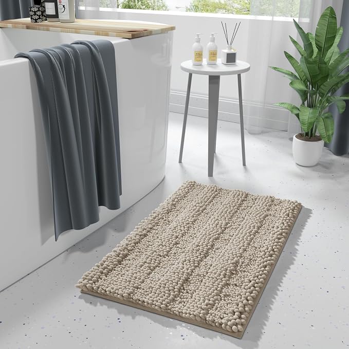 Yimobra Bathroom Rug Mat, Non Slip and Super Absorbent Bath Mat, Machine Washable Quick Dry, Ultra Plush Chenille Shower Rugs for Bathroom Floor Sink Tub and Shower Outside, Camel， 24 x 17
