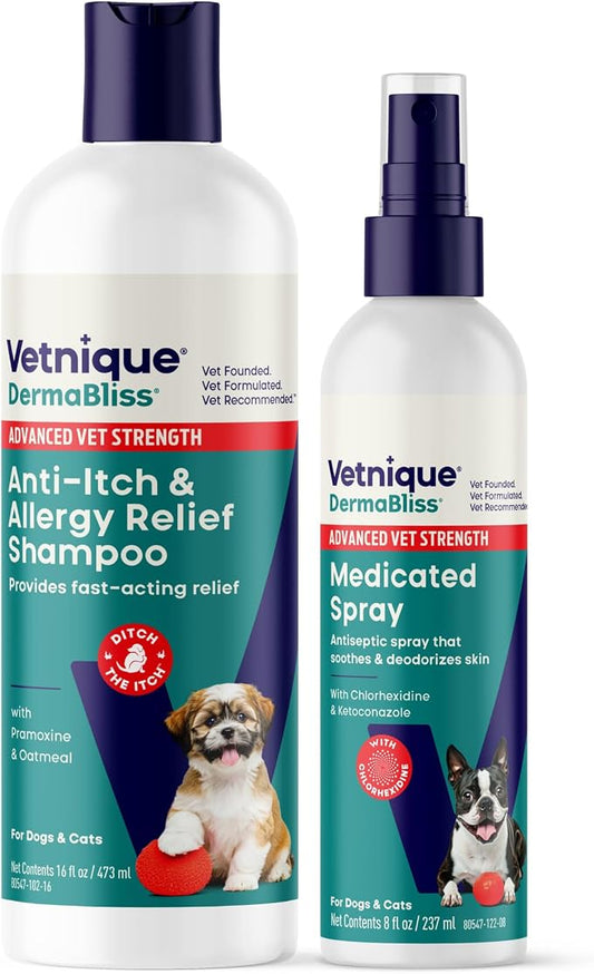 Dermabliss Chlorhexidine Spray & Anti Itch Shampoo Bundle for Dogs & Cats, 2% Chlorhexidine Ketoconazole Medicated Spray Plus Max Strength Pramoxine Oatmeal Shampoo for Hot Spots, Yeast & Itch