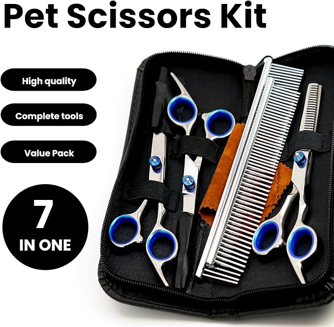 MEDUWEDU 7 in 1 Dog Grooming Scissors Set with Safety Round Head, Sharp and Durable, with Two Stainless Steel Combs, Pet Grooming Scissors for Cats and Dogs